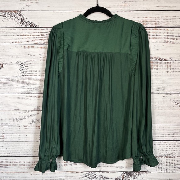 LOFT Dark Emerald Green Silky Shirt Blouse Size L Ruffle Neck Victorian Work - Picture 4 of 9